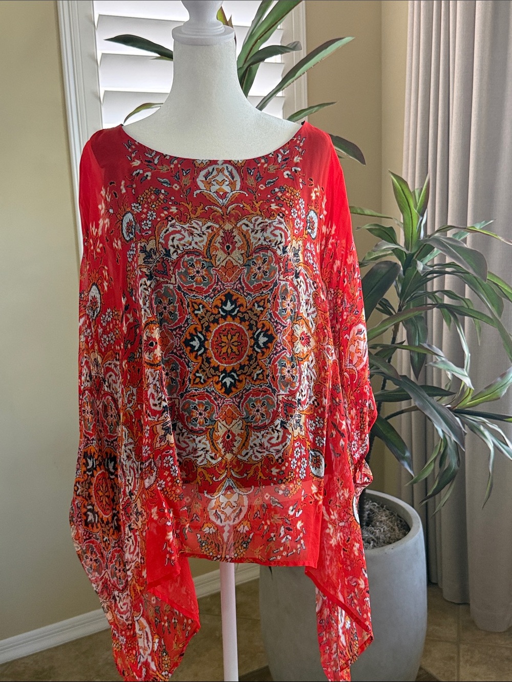 Karen Kane Orange Sheer Bohemian-Print Women's Tunic Top